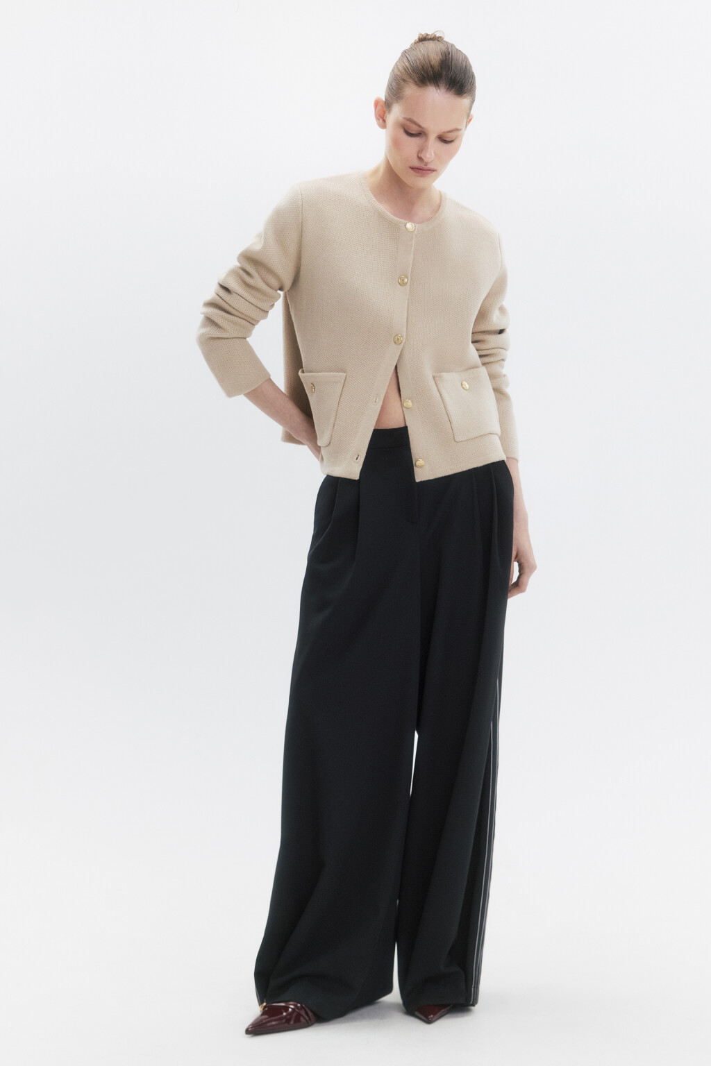 Кардиган вязаный жаккардовый с круглым вырезом - цвет бежевый - 4