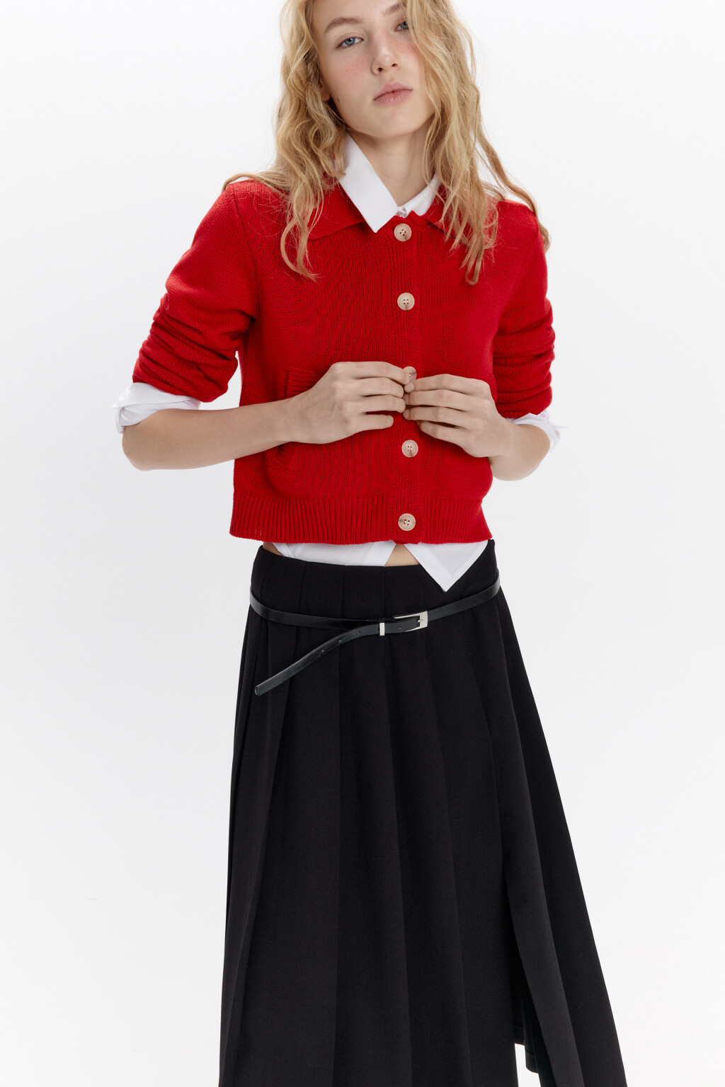 Кардиган на пуговицах укороченный с воротником - цвет красный - 9