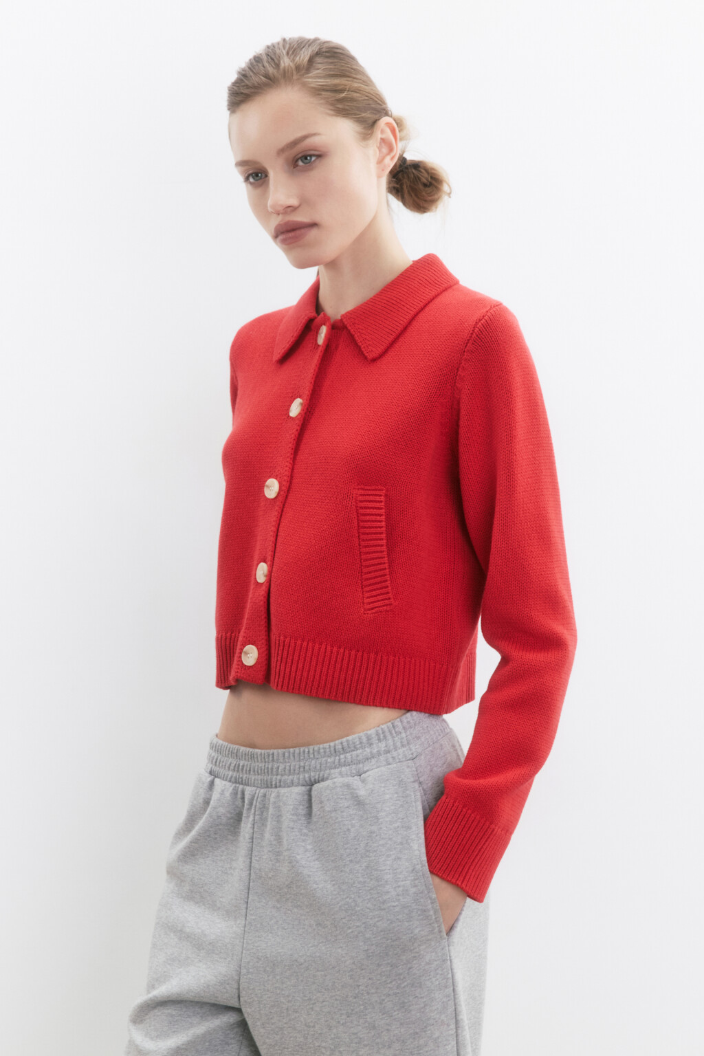 Кардиган на пуговицах укороченный с воротником - цвет красный - 3