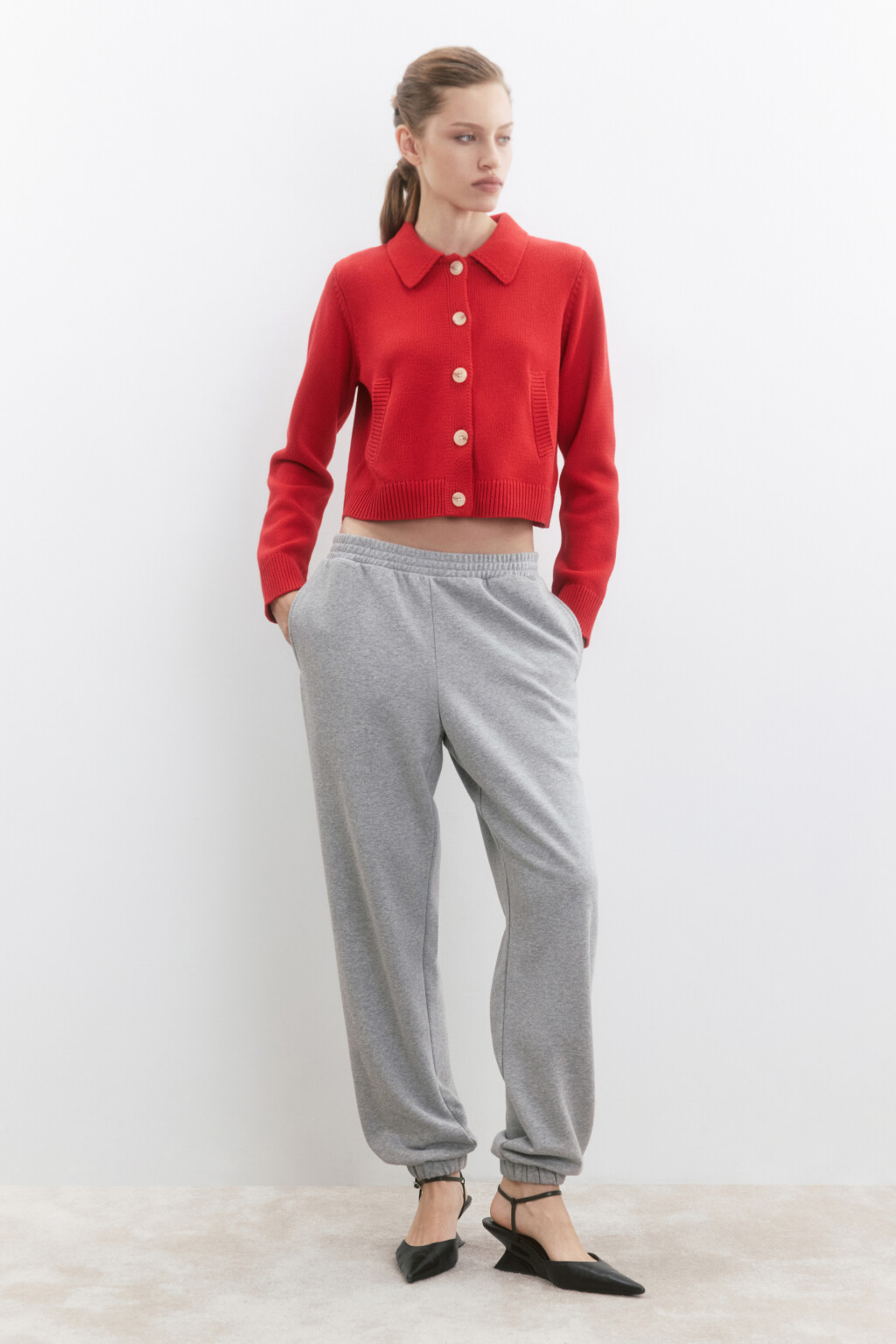 Кардиган на пуговицах укороченный с воротником - цвет красный - 5