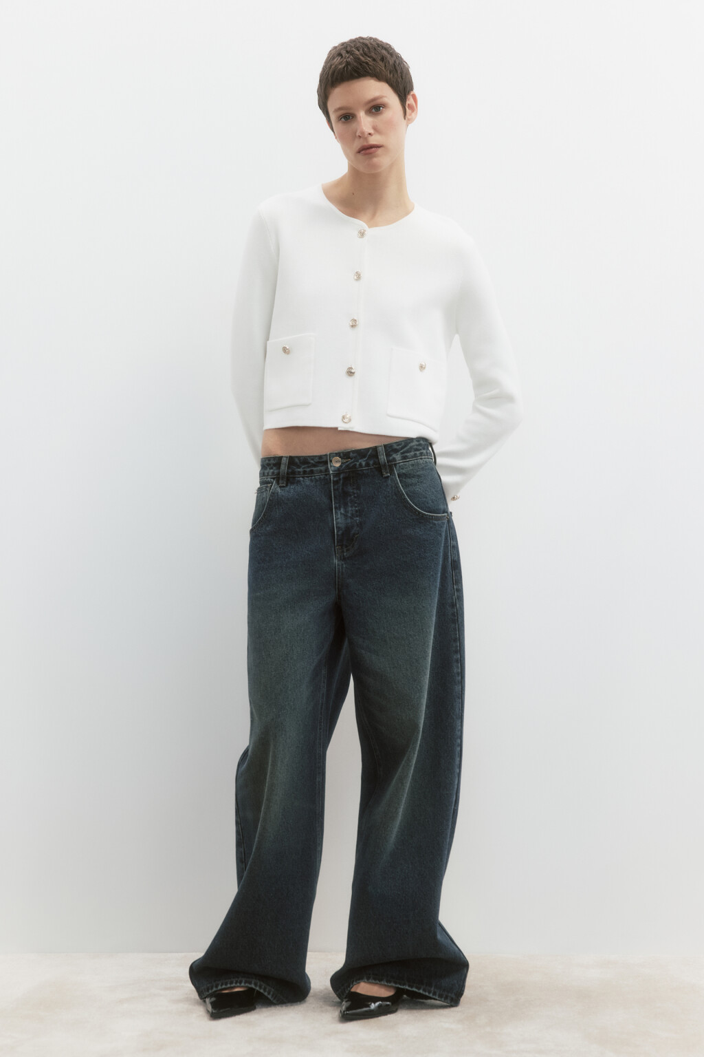 Кардиган укороченный вязаный на пуговицах - цвет молочный - 5