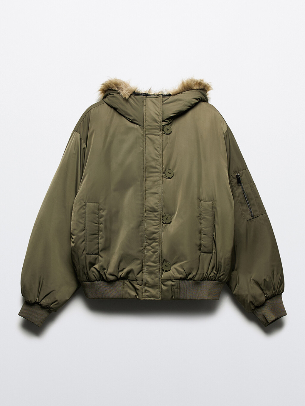 Куртка укороченная с капюшоном и опушкой - цвет зеленый - 10
