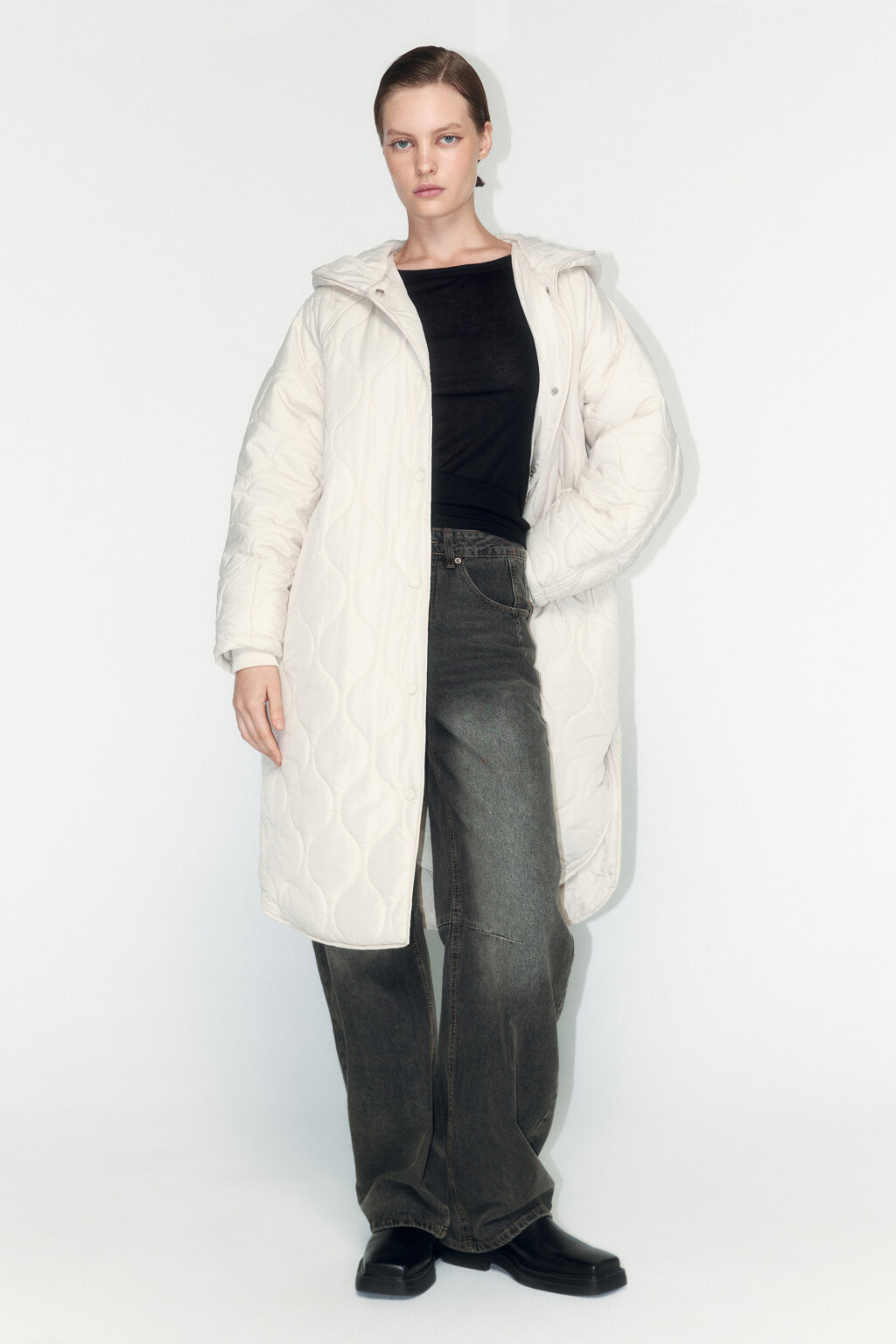 Пальто стеганое утепленное с капюшоном - цвет молочный - 5