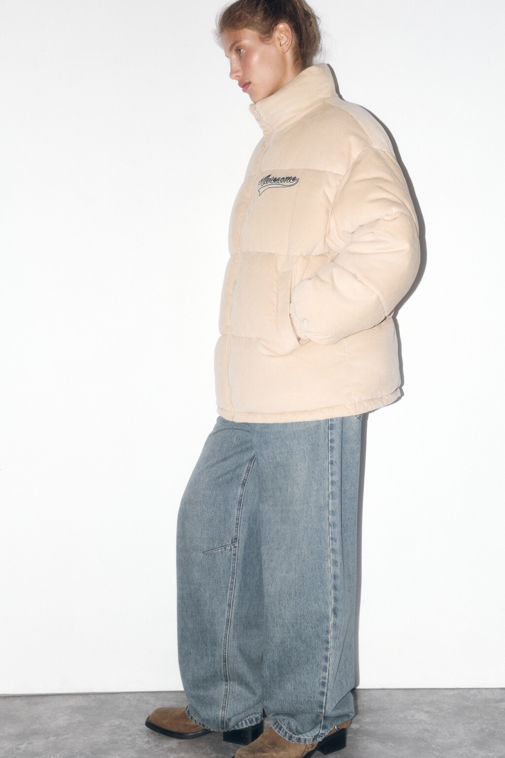 Куртка oversize стеганая с вельветовой фактурой - цвет бежевый - 1