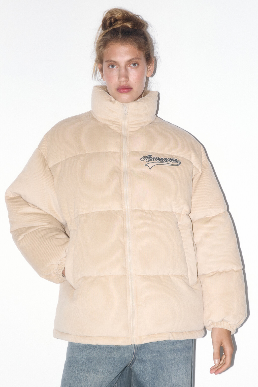 Куртка oversize стеганая с вельветовой фактурой - цвет бежевый - 2