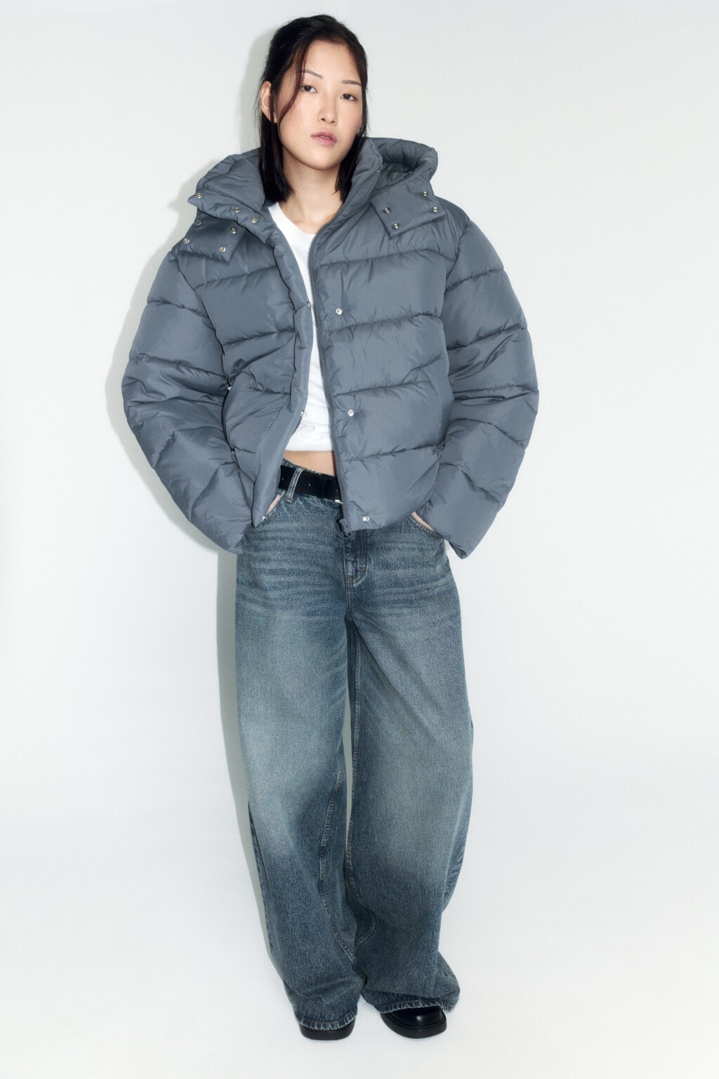 Куртка стеганая укороченная с капюшоном - цвет серый - 1