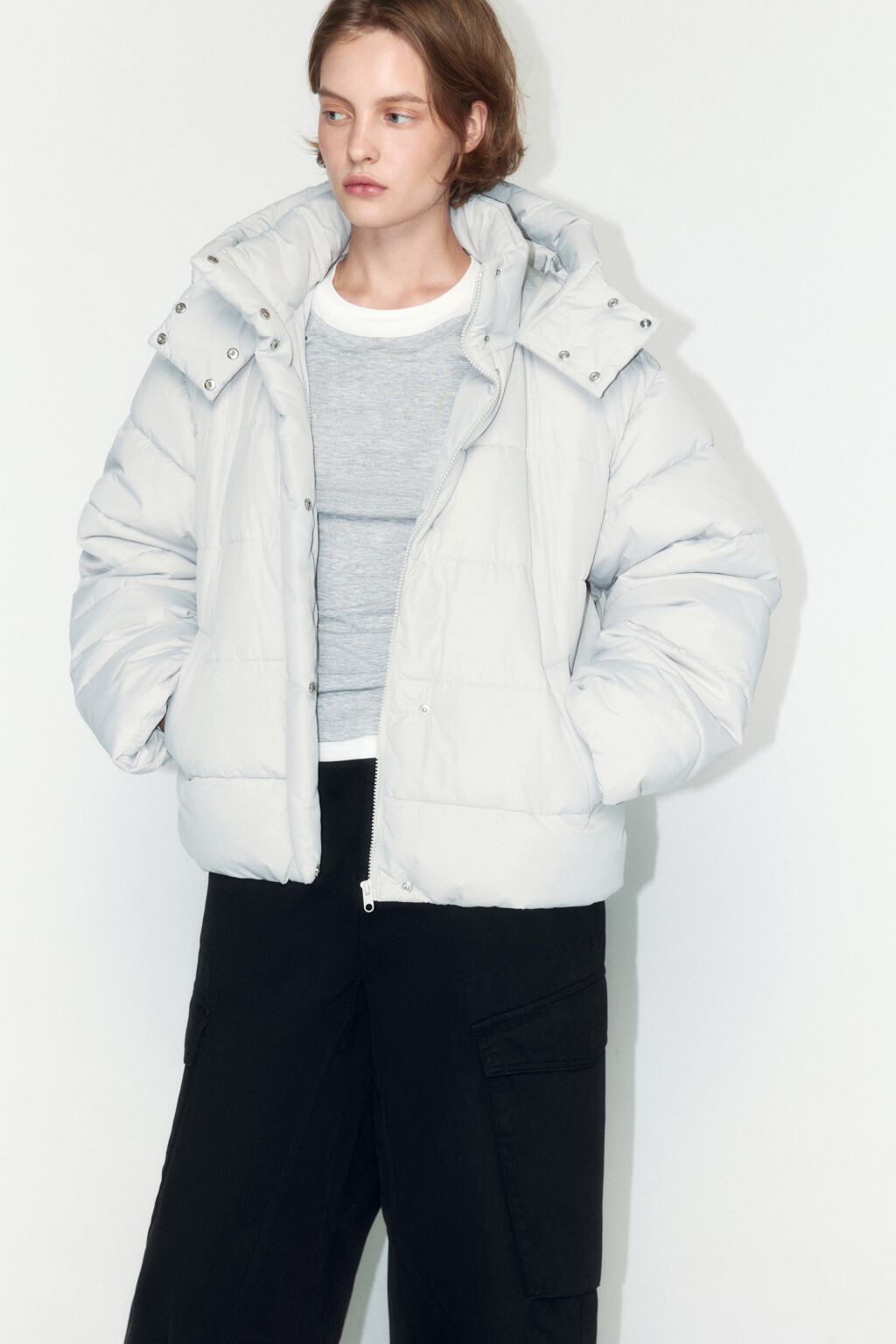 Куртка стеганая укороченная с капюшоном - цвет бежевый - 1