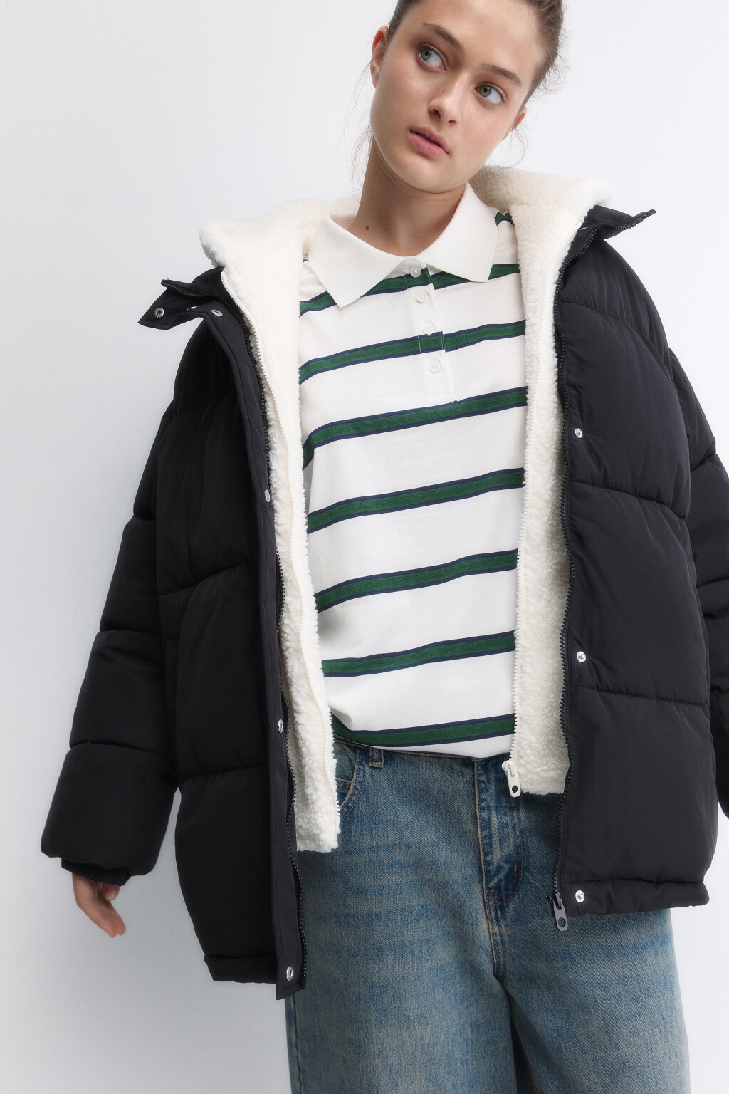 Куртка oversize стеганая с флисовым капюшоном - цвет черный - 1