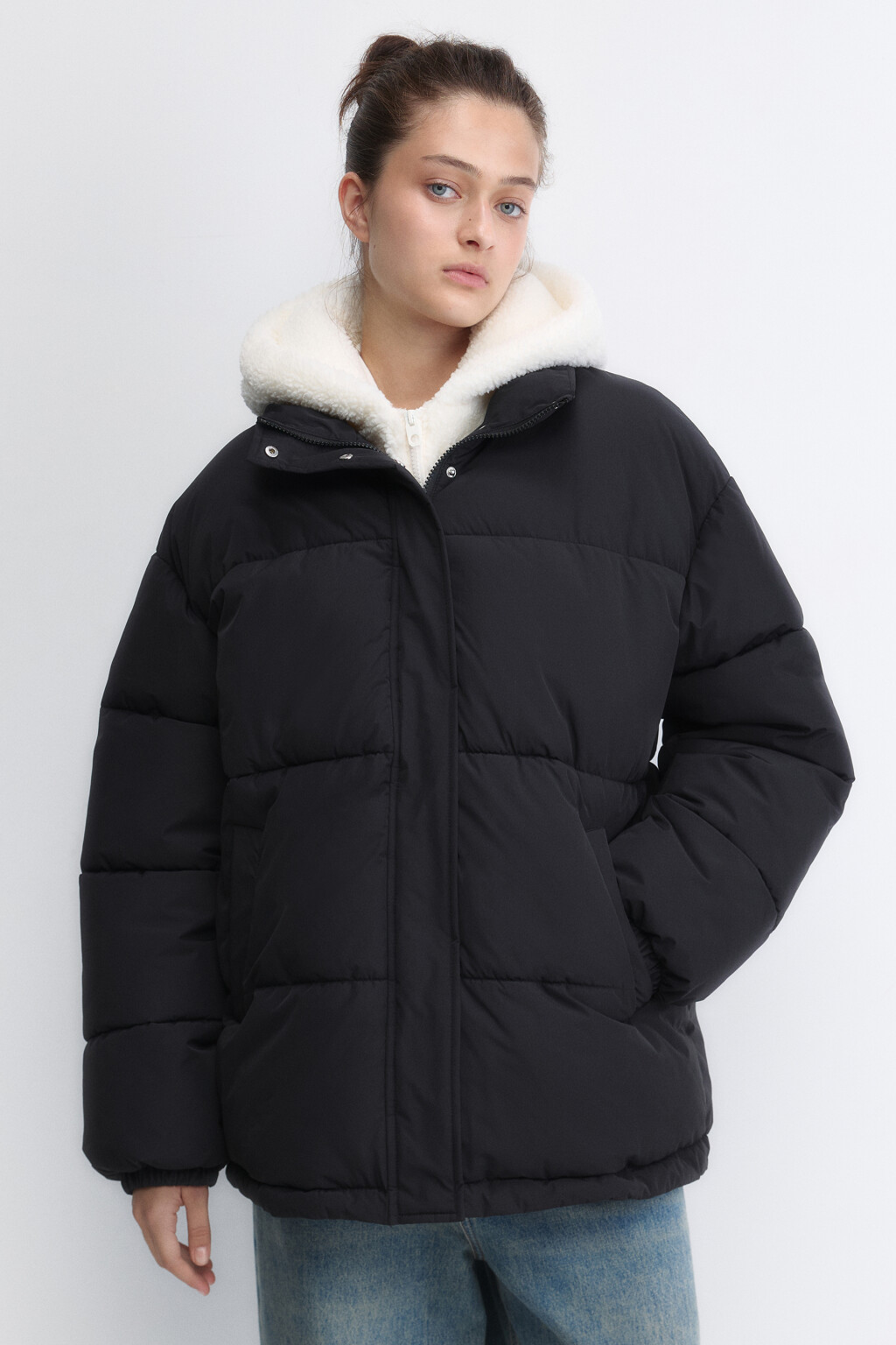 Куртка oversize стеганая с флисовым капюшоном - цвет черный - 3