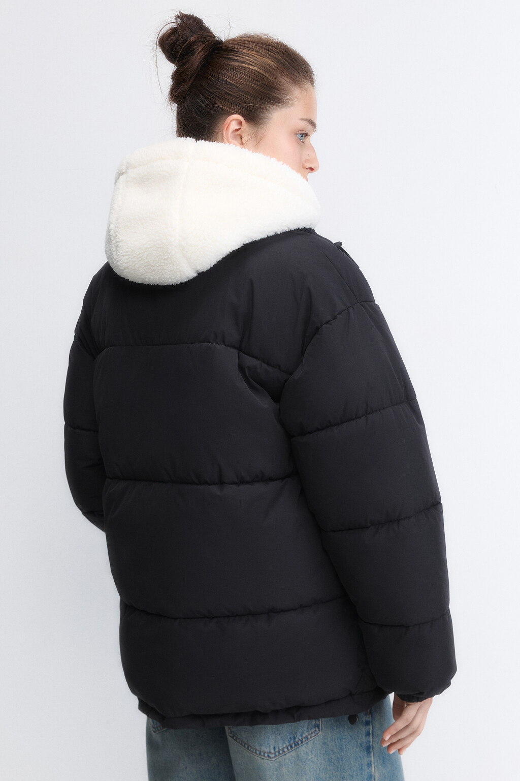 Куртка oversize стеганая с флисовым капюшоном - цвет черный - 4