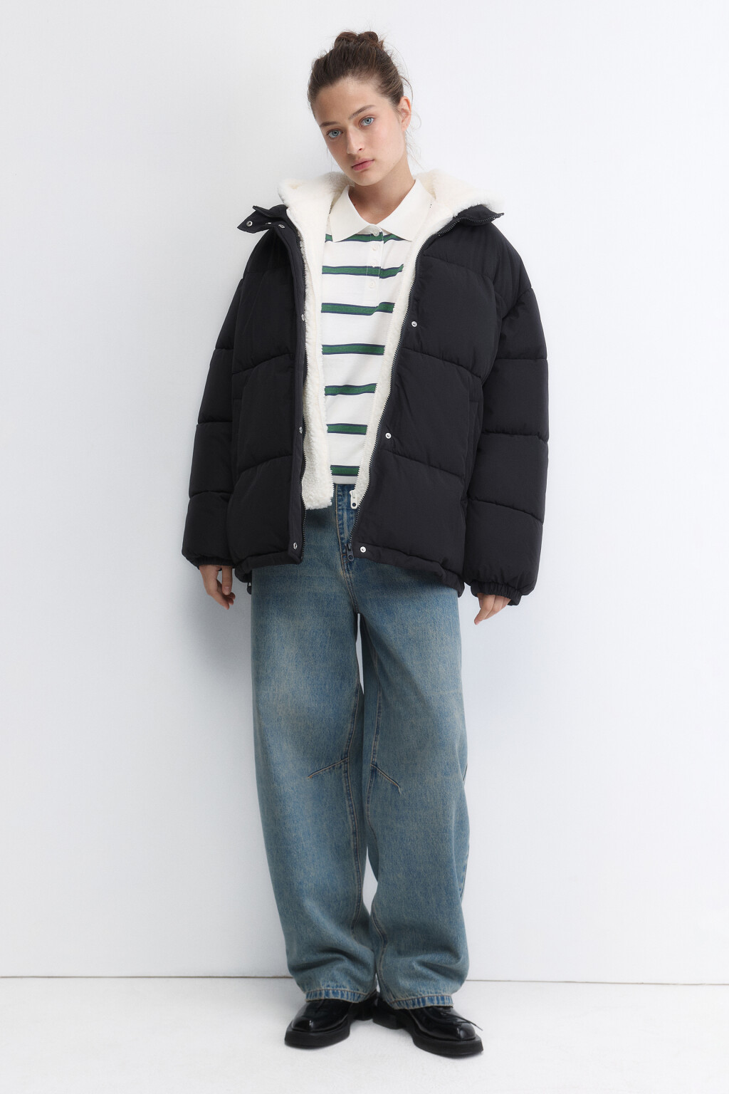 Куртка oversize стеганая с флисовым капюшоном - цвет черный - 5