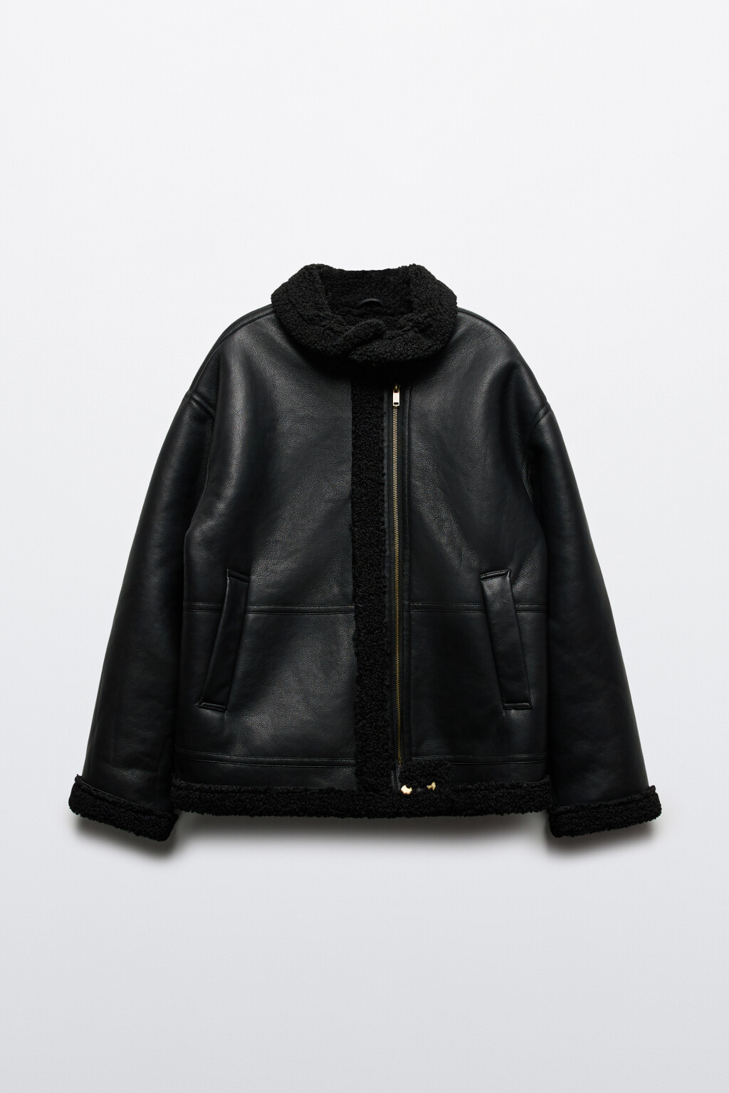 Дубленка-авиатор с ремешками на воротнике - цвет черный - 10