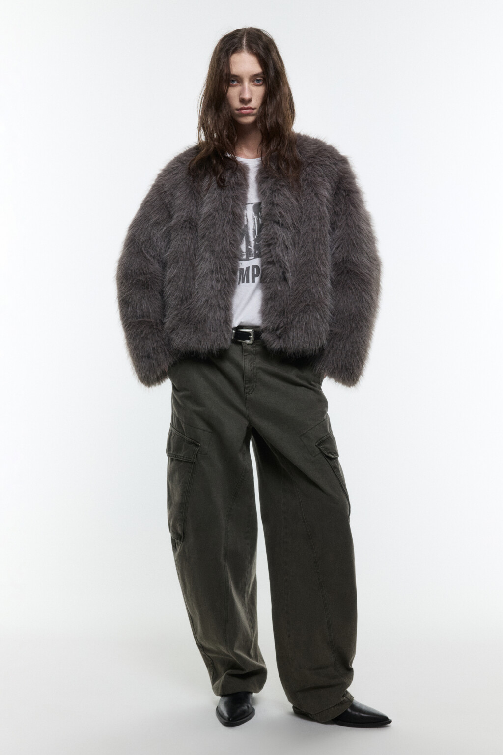 Шуба укороченная из искусственного меха с ворсом - цвет серый - 6