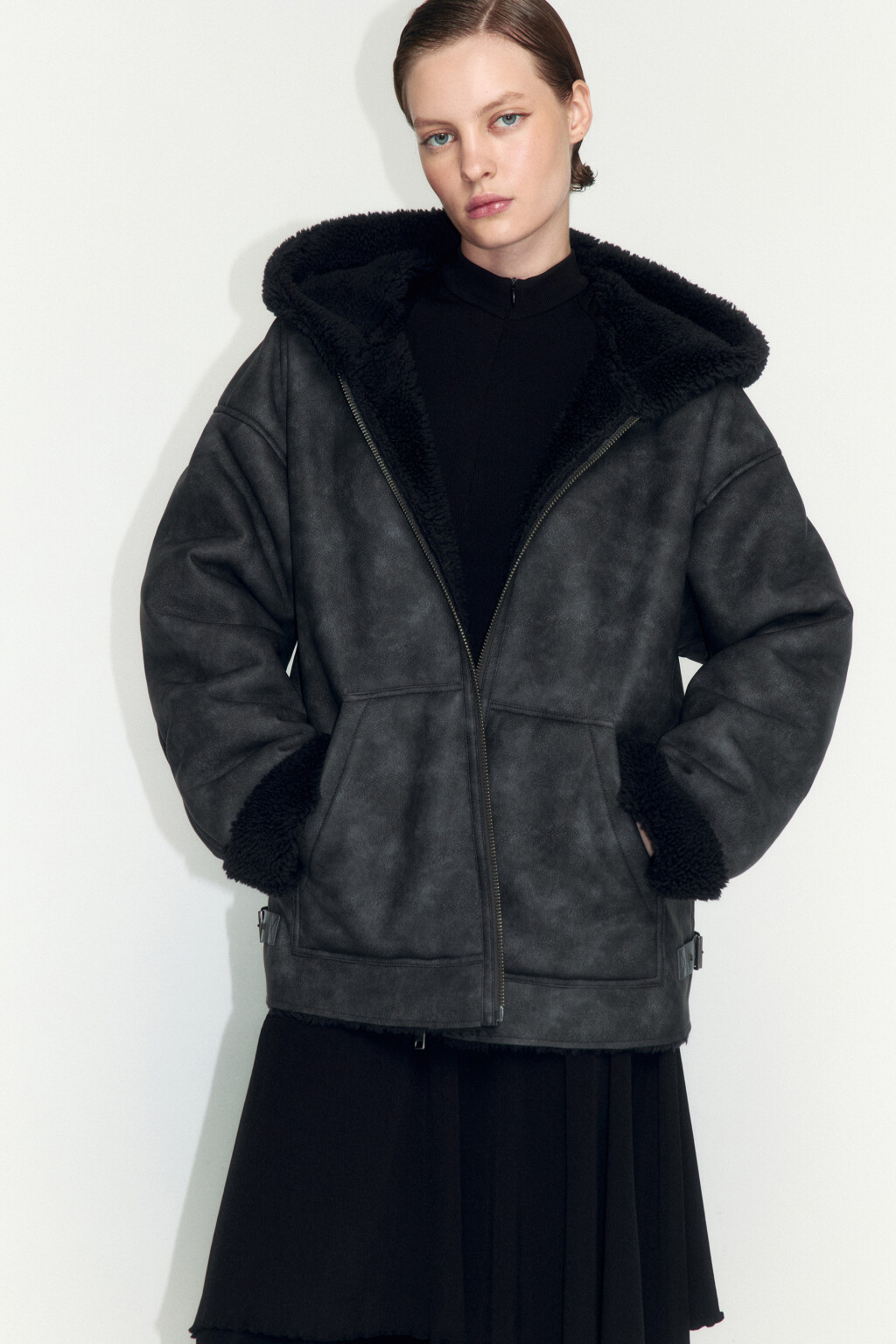 Куртка-дубленка с вареным эффектом и капюшоном - цвет серый - 1