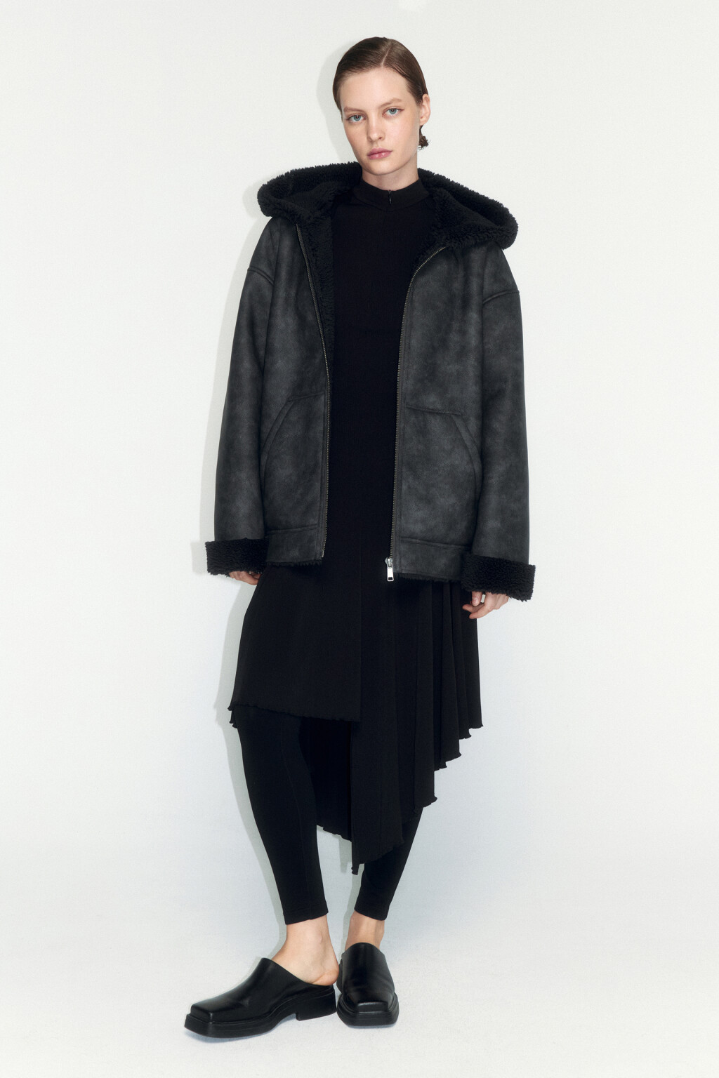 Куртка-дубленка с вареным эффектом и капюшоном - цвет серый - 5