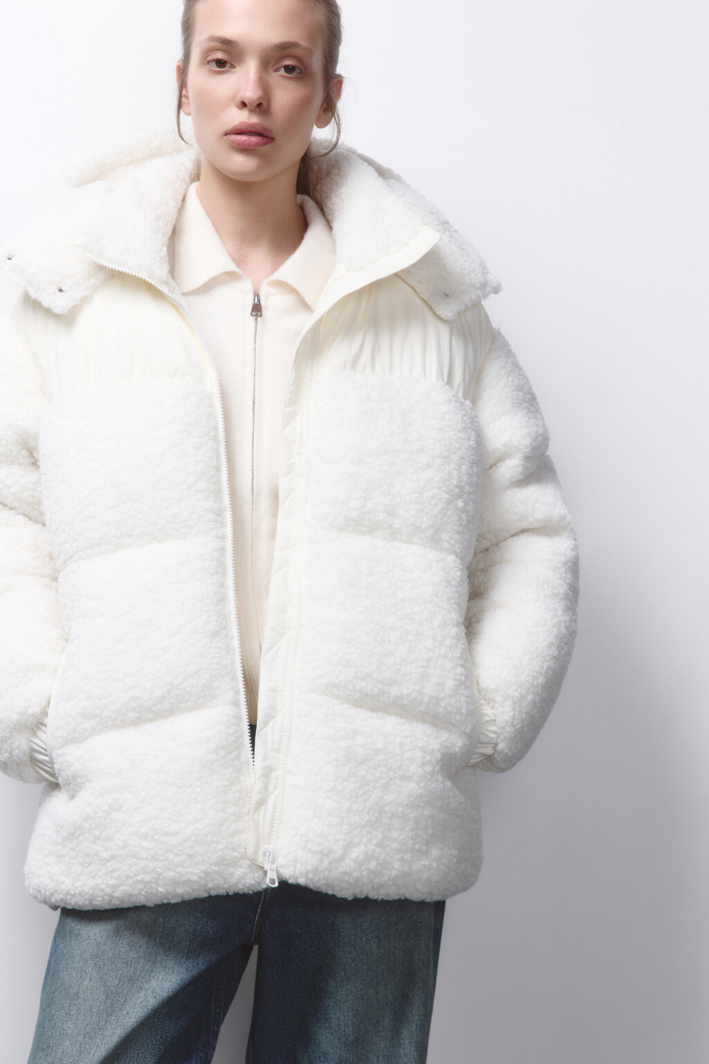 Куртка стеганая из искусственного меха с кокеткой - цвет молочный - 1