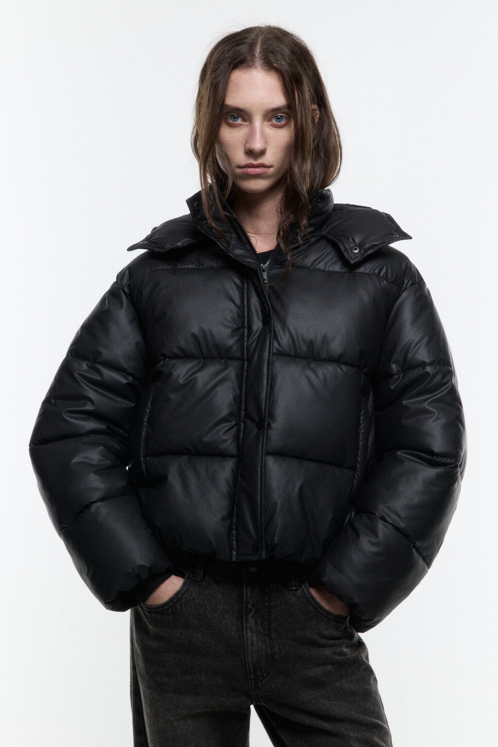 Куртка из искусственной кожи с капюшоном - цвет черный - 1
