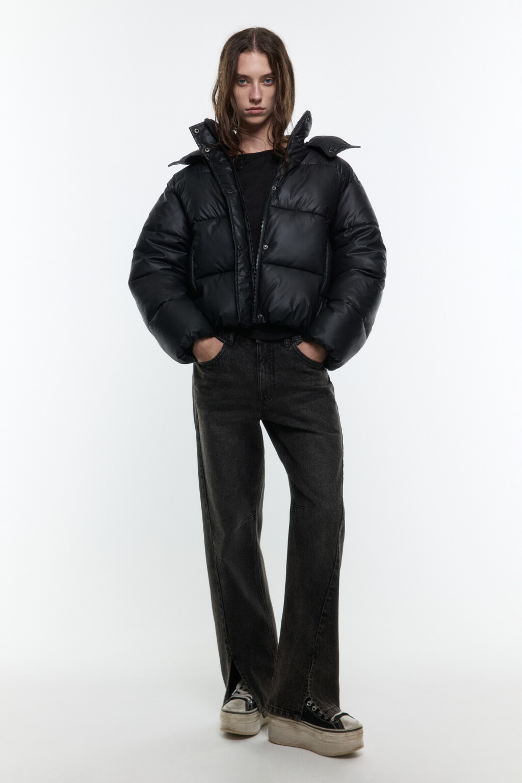 Куртка из искусственной кожи с капюшоном - цвет черный - 5