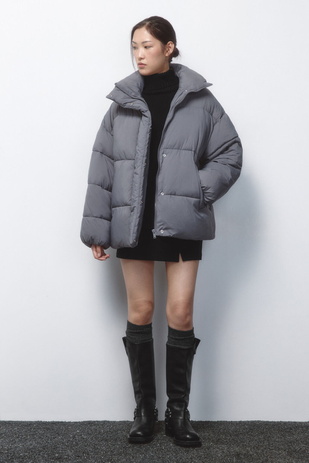 Куртка oversize стеганая с воротником-стойкой - цвет серый - 5