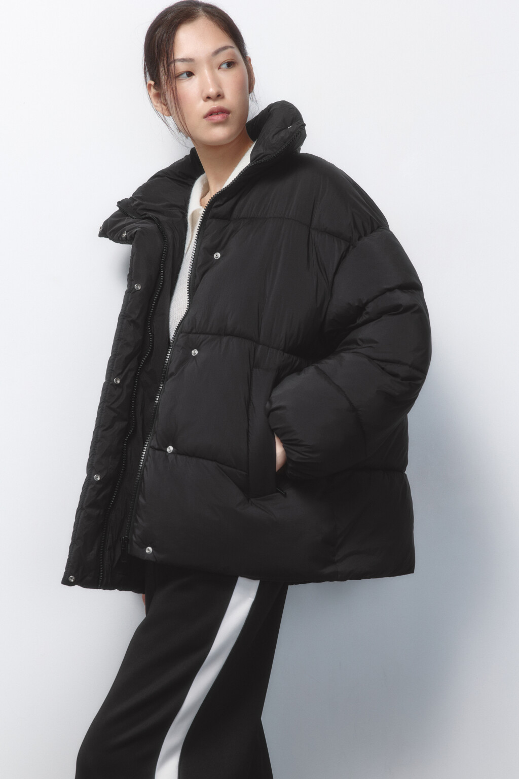 Куртка oversize стеганая с воротником-стойкой - цвет черный - 1