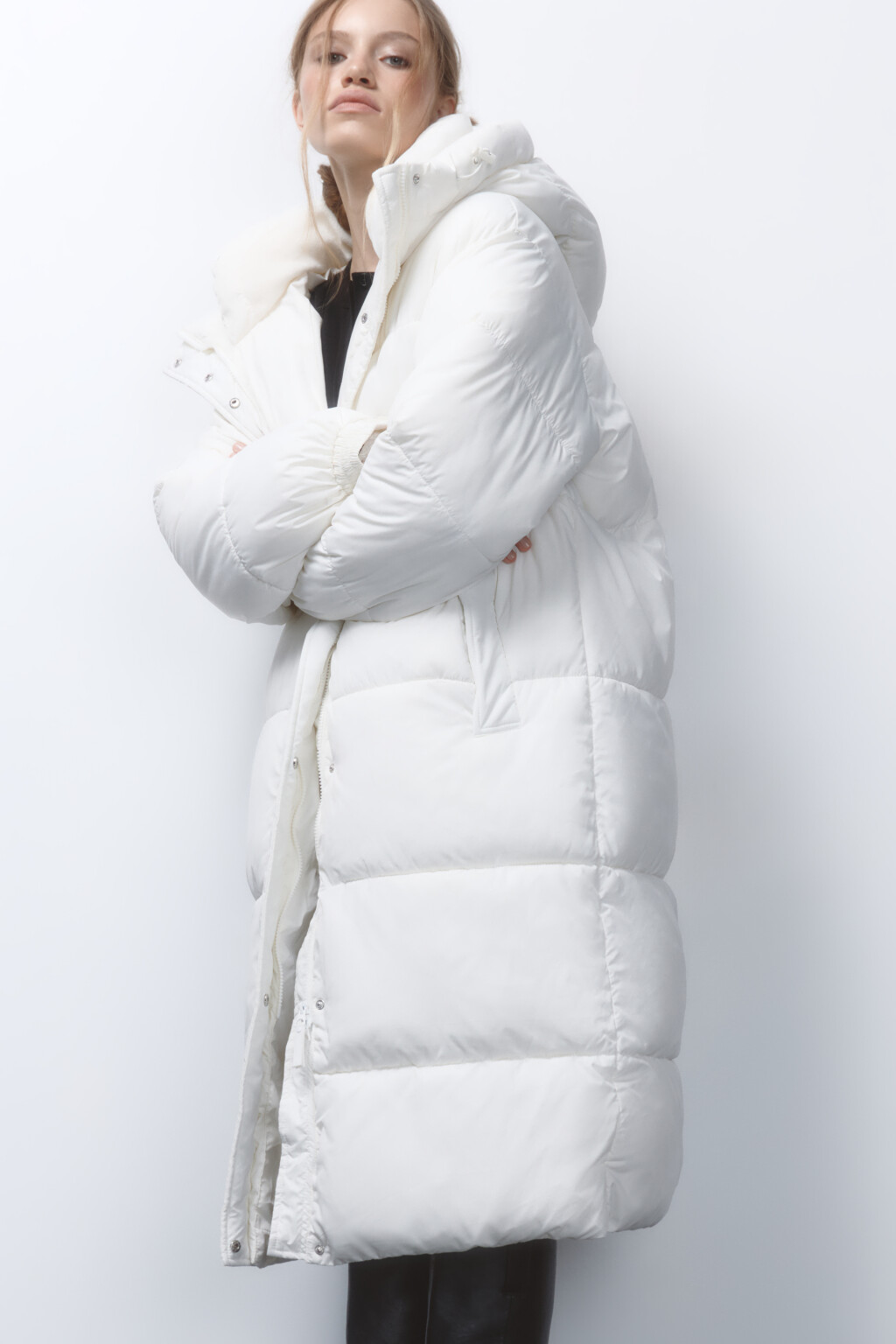Пальто стеганое с утепленным капюшоном - цвет молочный - 1