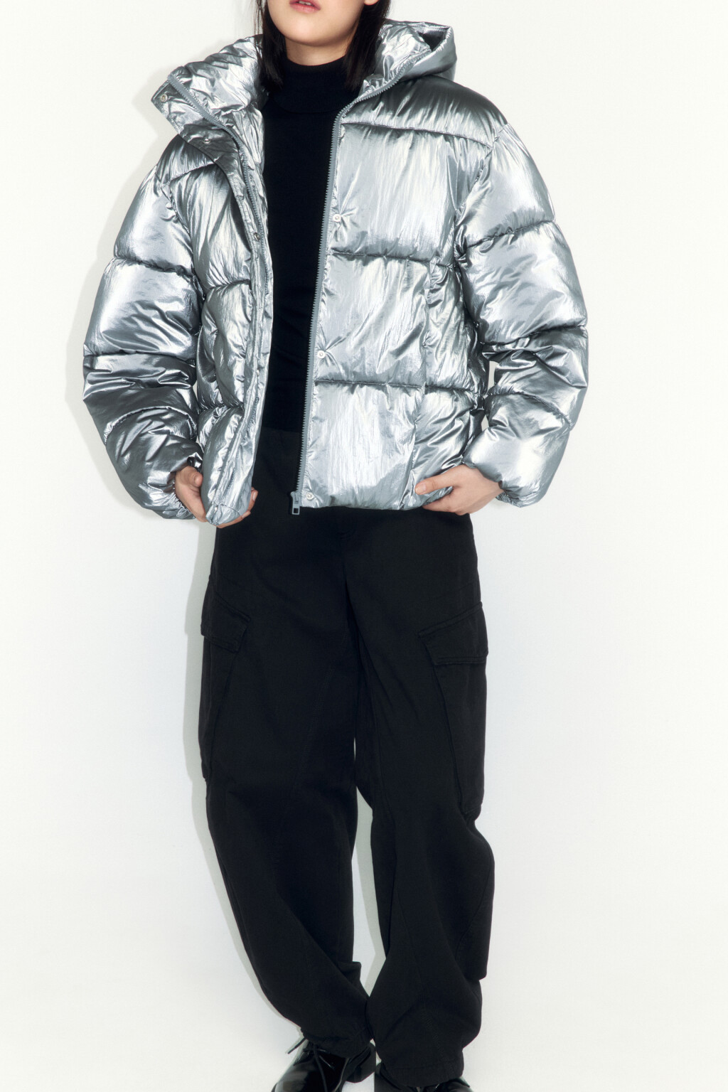 Куртка стеганая из блестящей ткани - цвет серый - 1