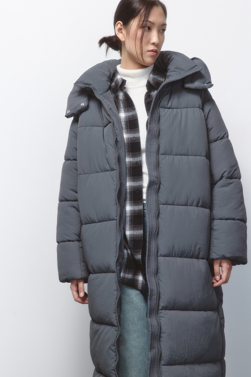 Пальто стеганое с капюшоном и воротником-стойкой - цвет серый - 1