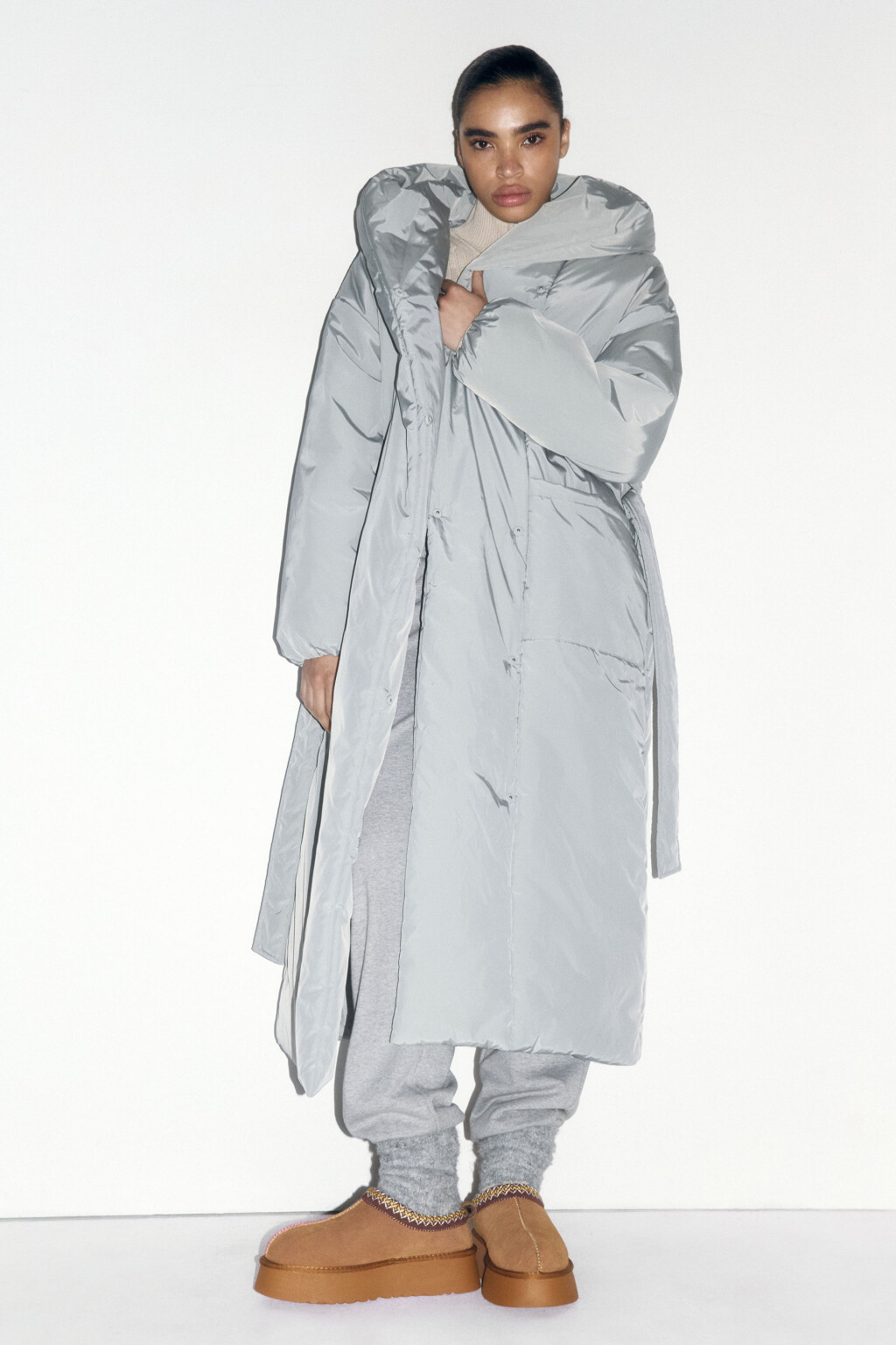 Пальто утепленное с капюшоном и поясом - цвет мятный - 1