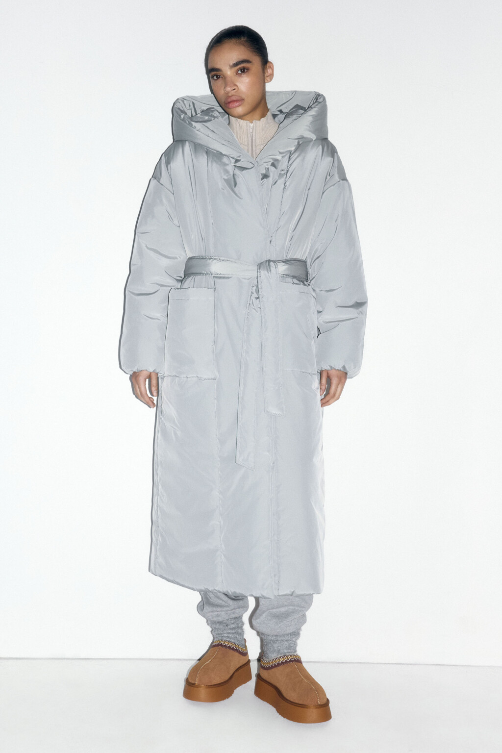 Пальто утепленное с капюшоном и поясом - цвет мятный - 2