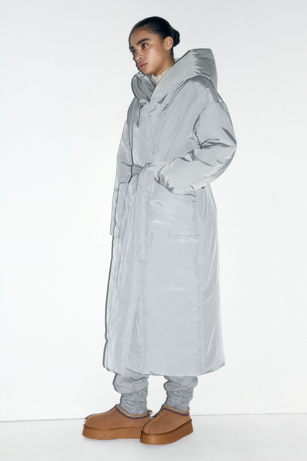 Пальто утепленное с капюшоном и поясом - цвет мятный - 3