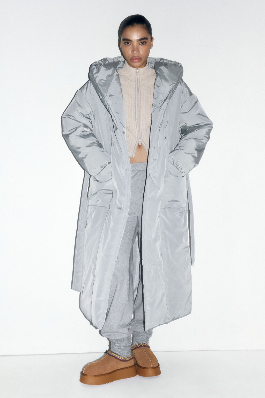 Пальто утепленное с капюшоном и поясом - цвет мятный - 5