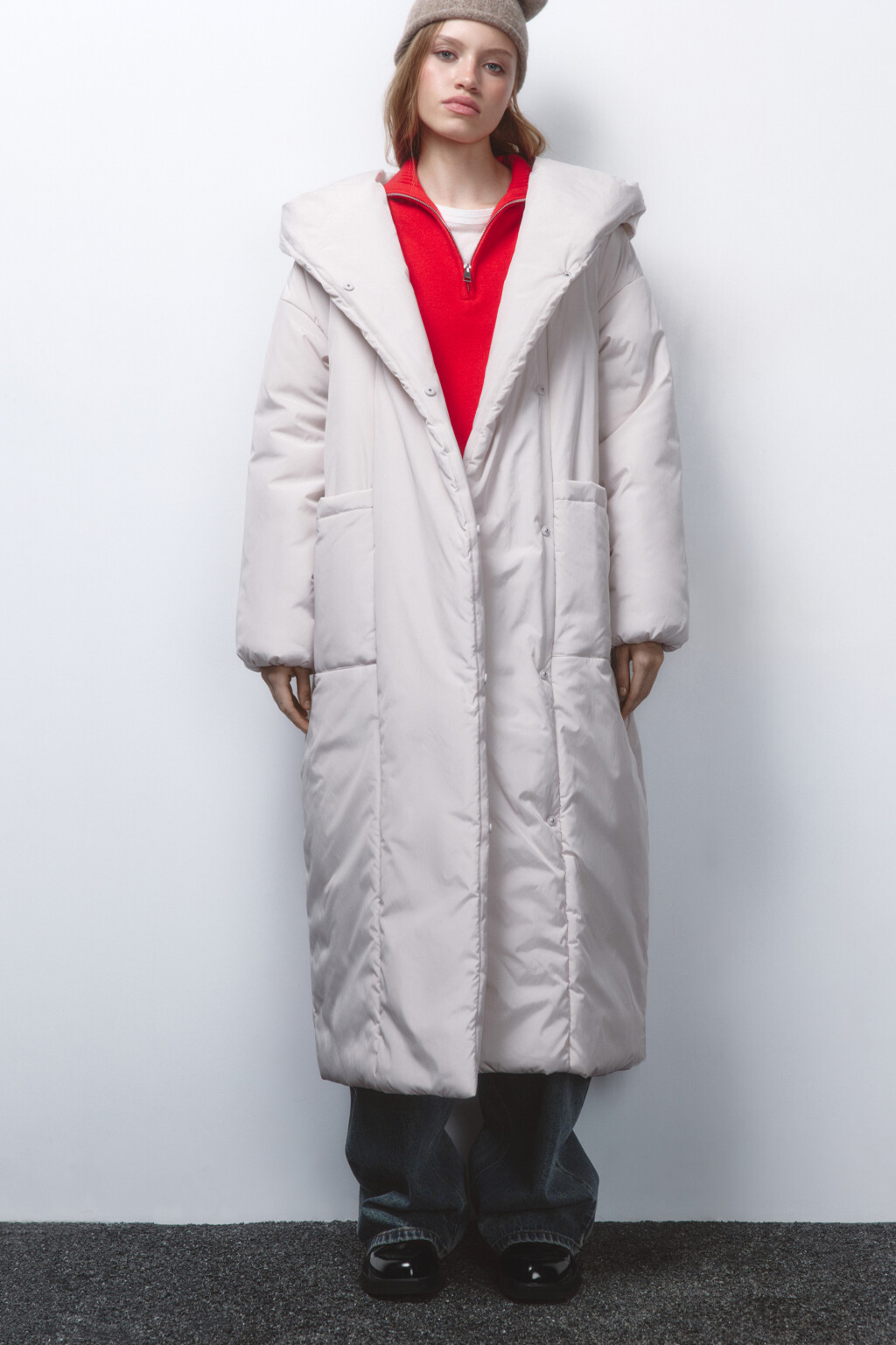 Пальто утепленное с капюшоном и поясом - цвет молочный - 1