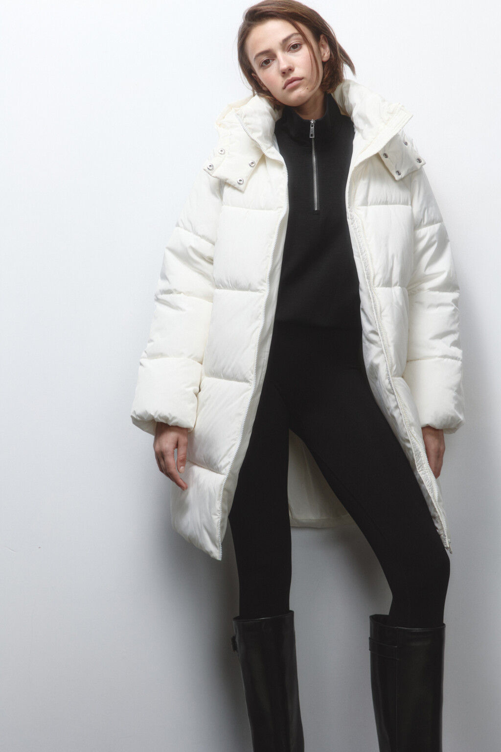 Куртка стеганая удлиненная с капюшоном - цвет молочный - 1