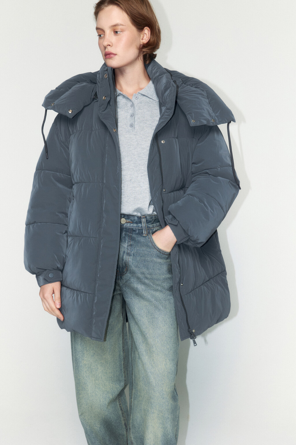 Куртка стеганая удлиненная со съемным капюшоном - цвет серый - 1