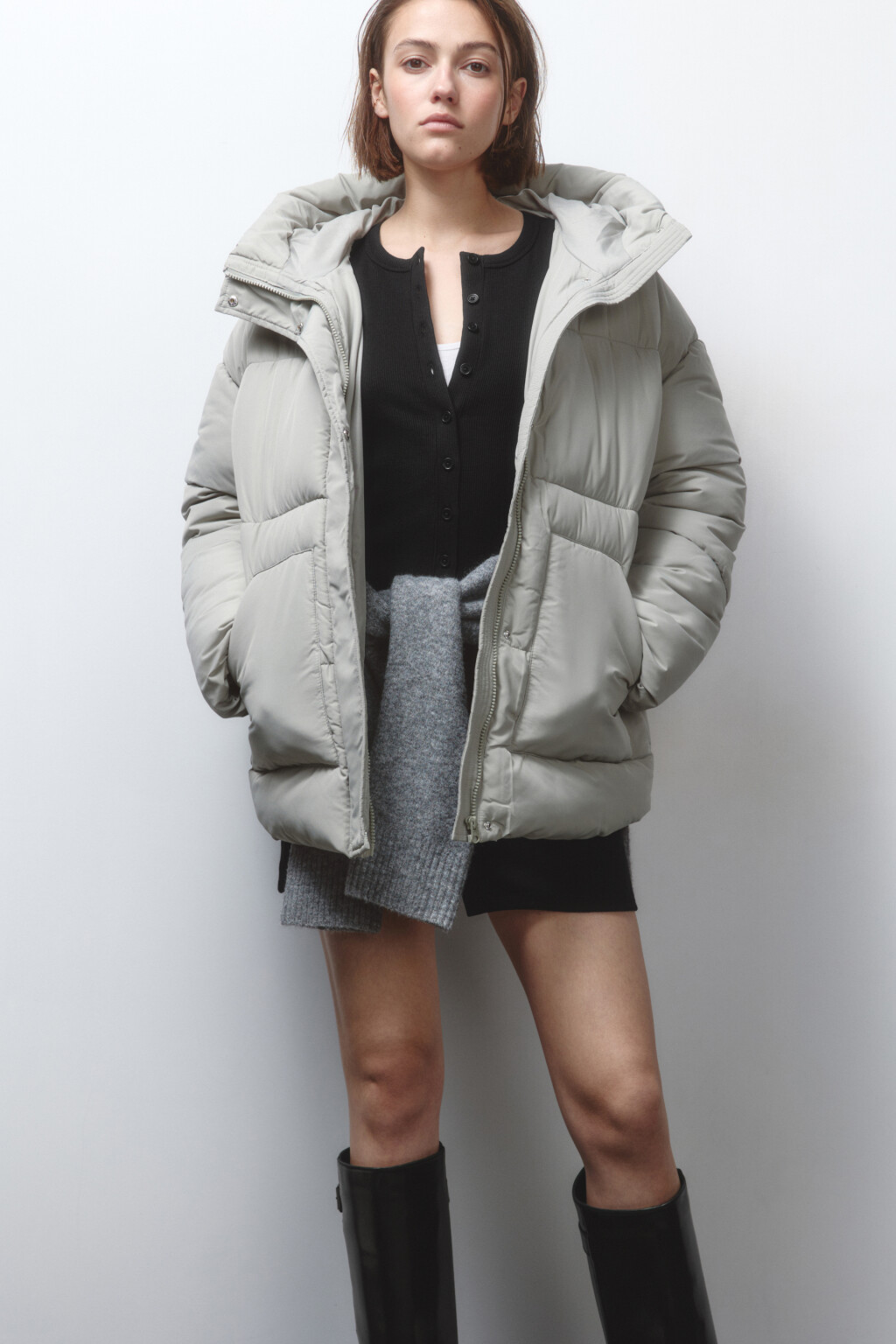 Куртка стеганая утепленная с капюшоном - цвет зеленый - 1