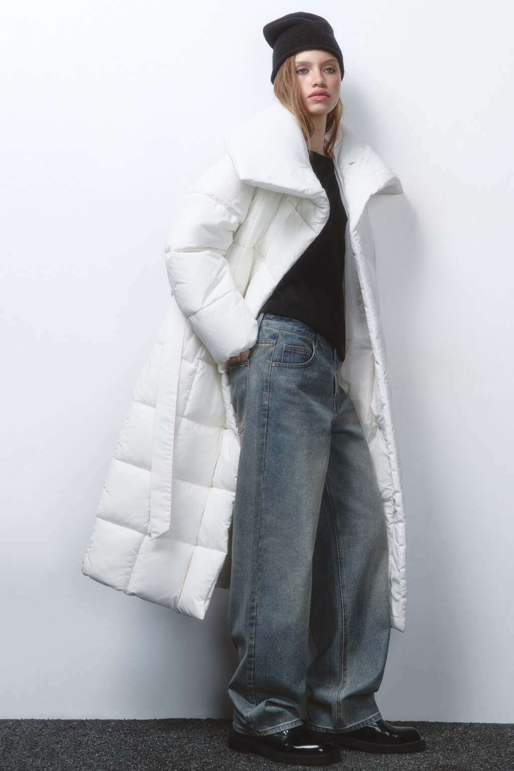 Куртка длинная стеганая с поясом - цвет молочный - 1