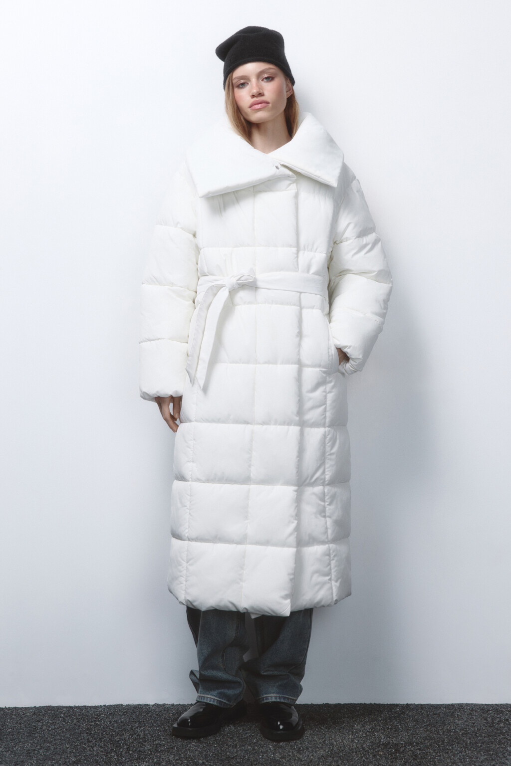 Куртка длинная стеганая с поясом - цвет молочный - 2
