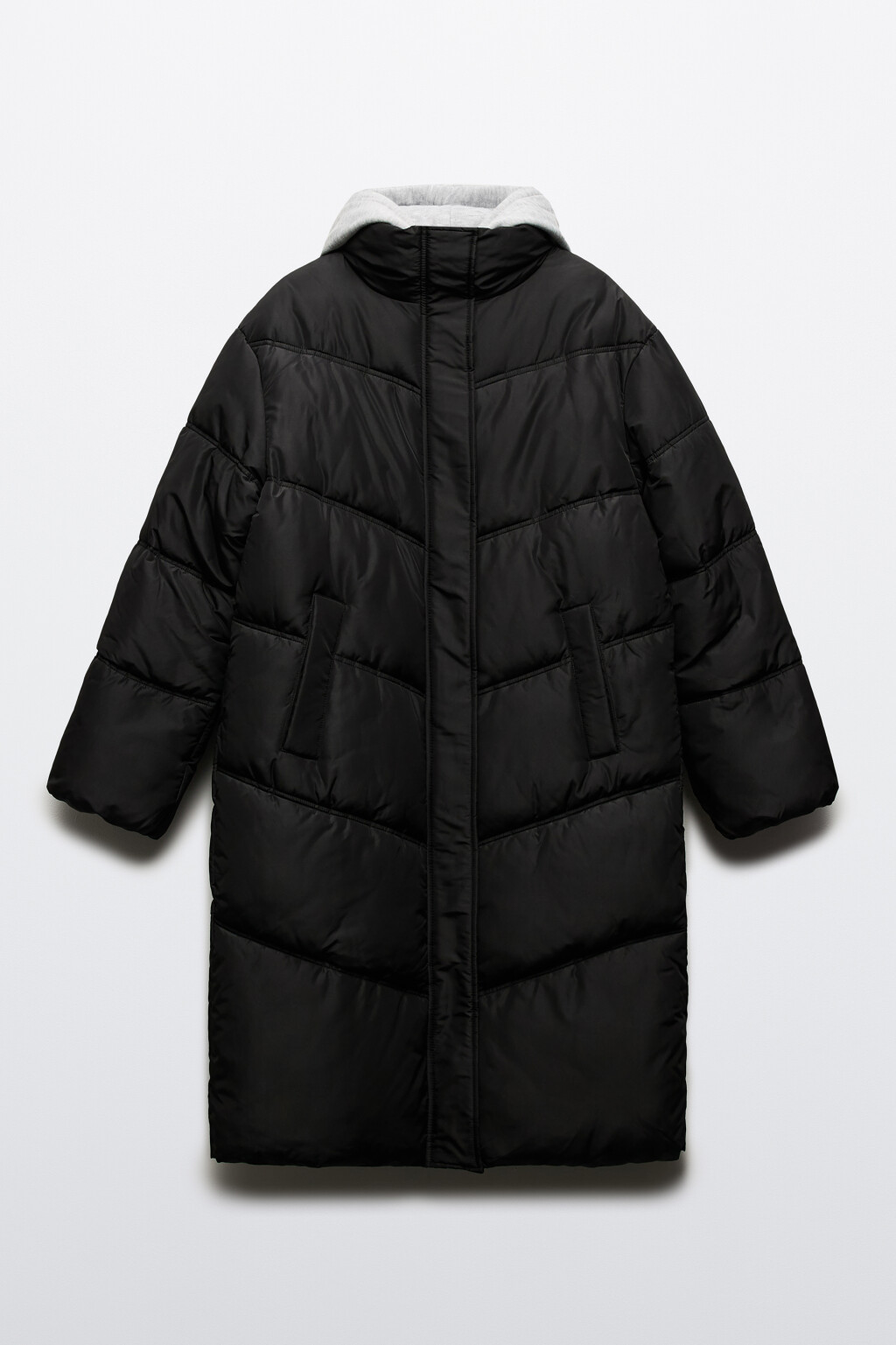 Куртка длинная стеганая с трикотажным капюшоном - цвет черный - 12