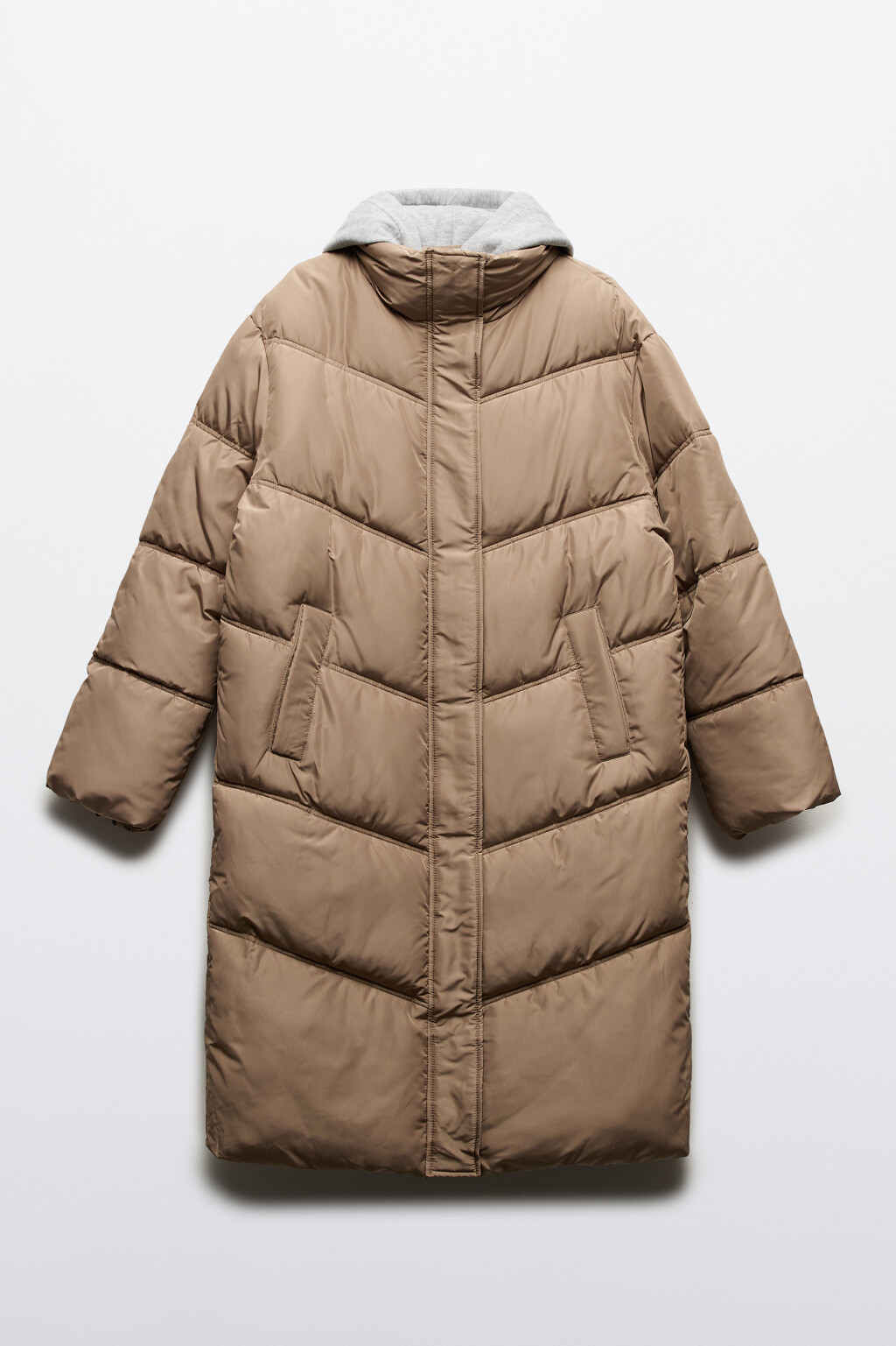 Куртка длинная стеганая с трикотажным капюшоном - цвет коричневый - 11