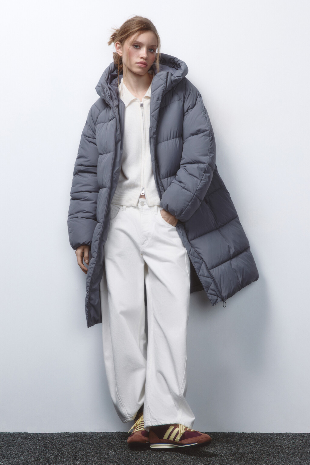 Пальто стеганое утепленное с капюшоном - цвет серый - 1
