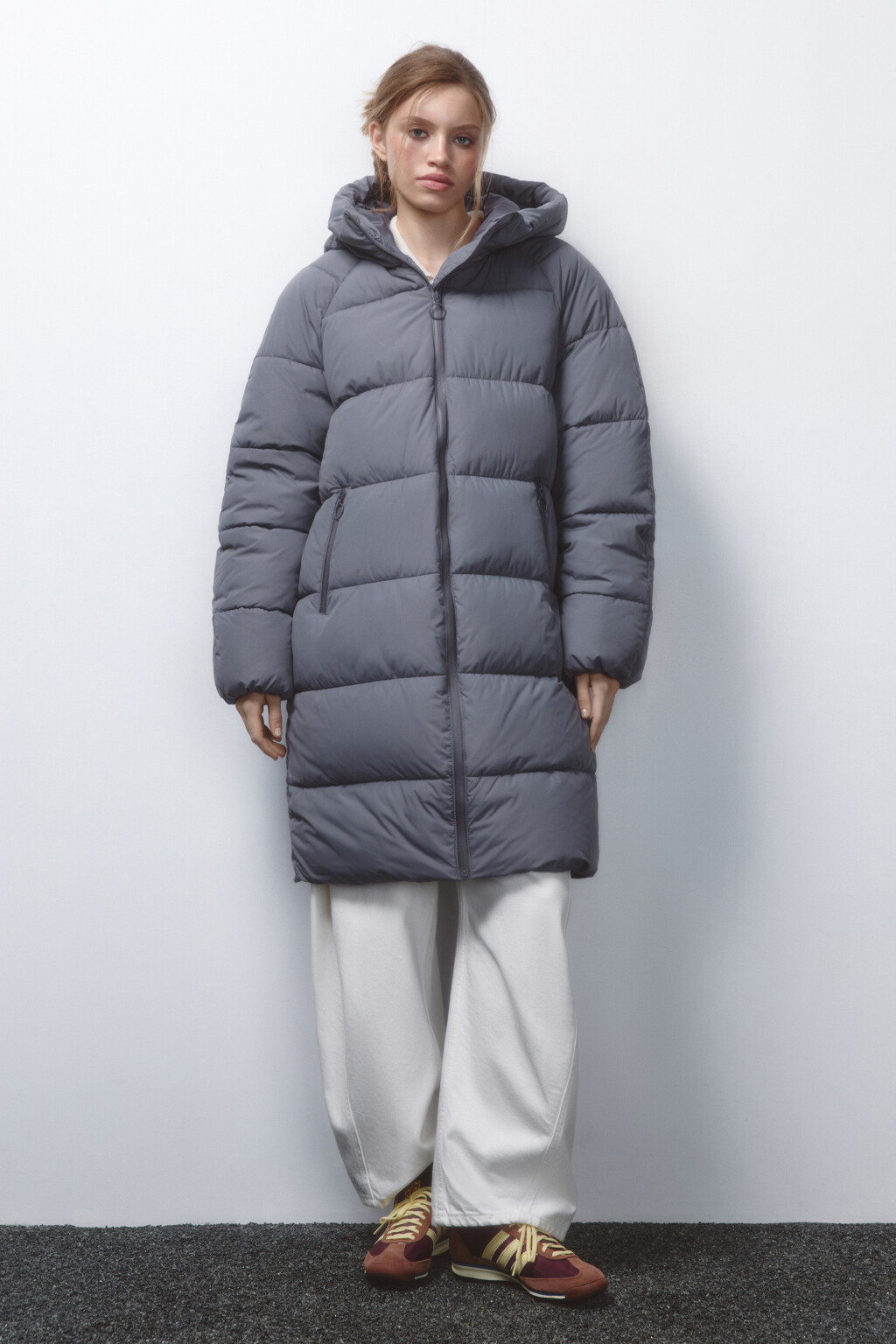 Пальто стеганое утепленное с капюшоном - цвет серый - 2
