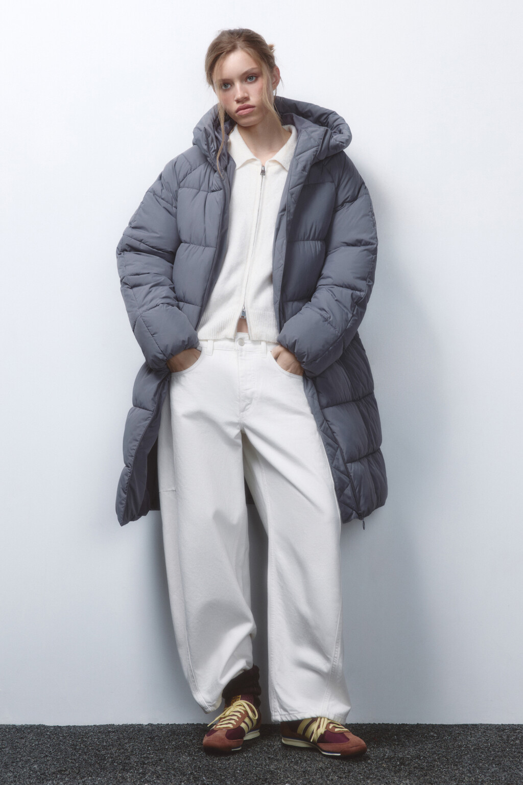 Пальто стеганое утепленное с капюшоном - цвет серый - 5