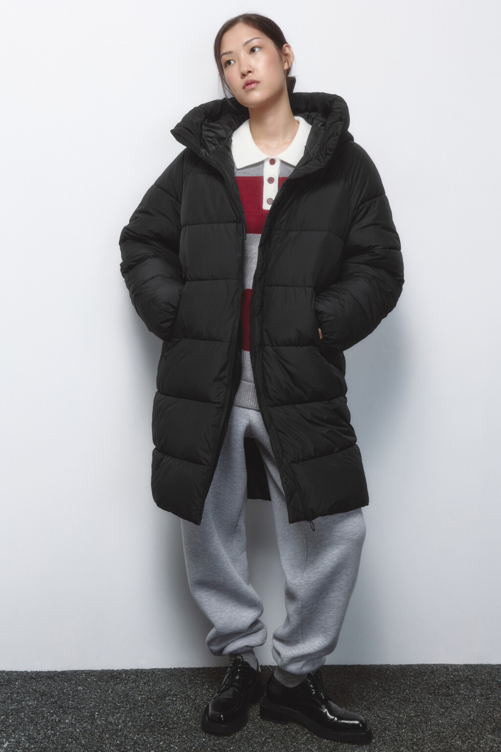 Пальто стеганое утепленное с капюшоном - цвет черный - 1