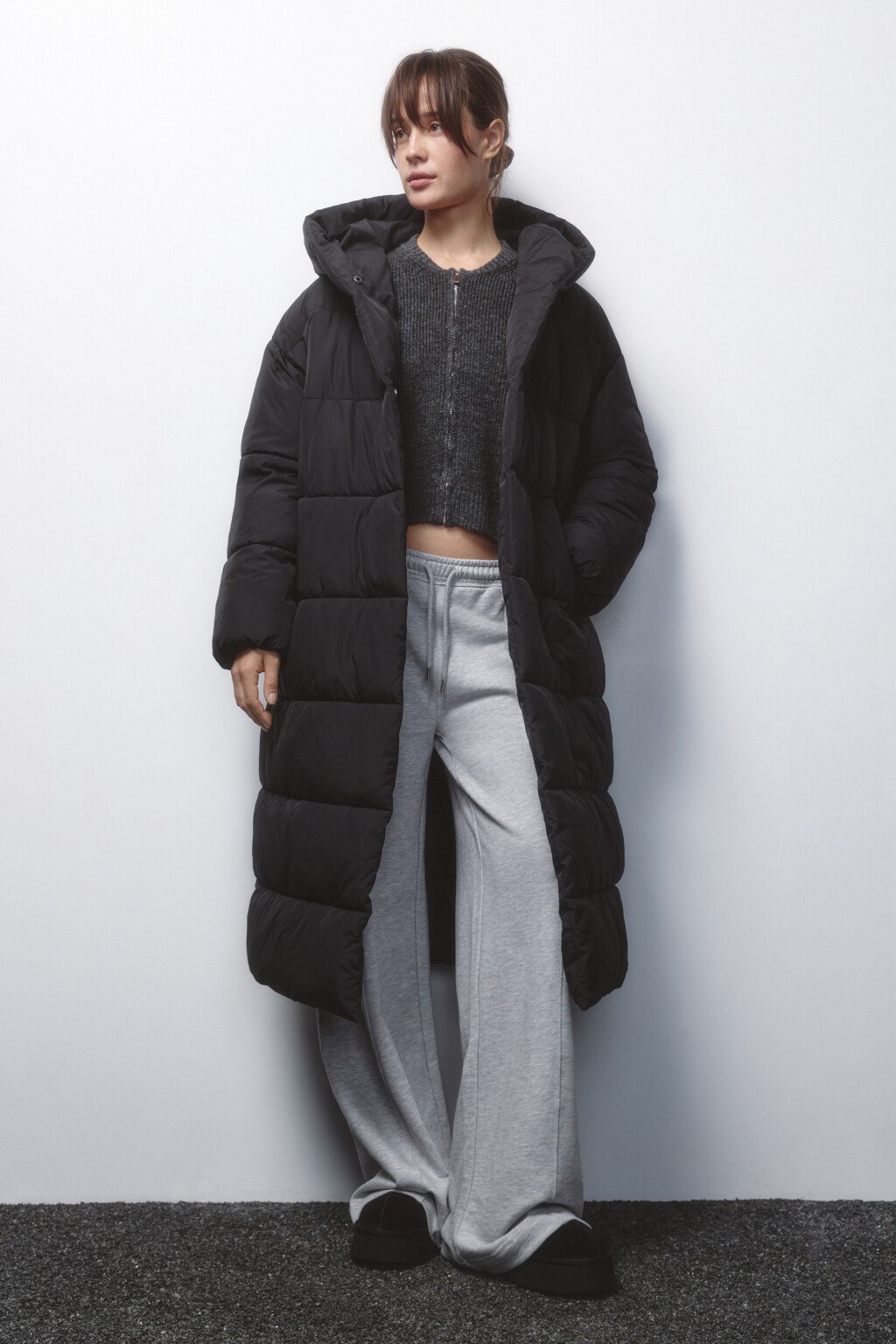 Пальто стеганое утепленное с капюшоном - цвет черный - 1