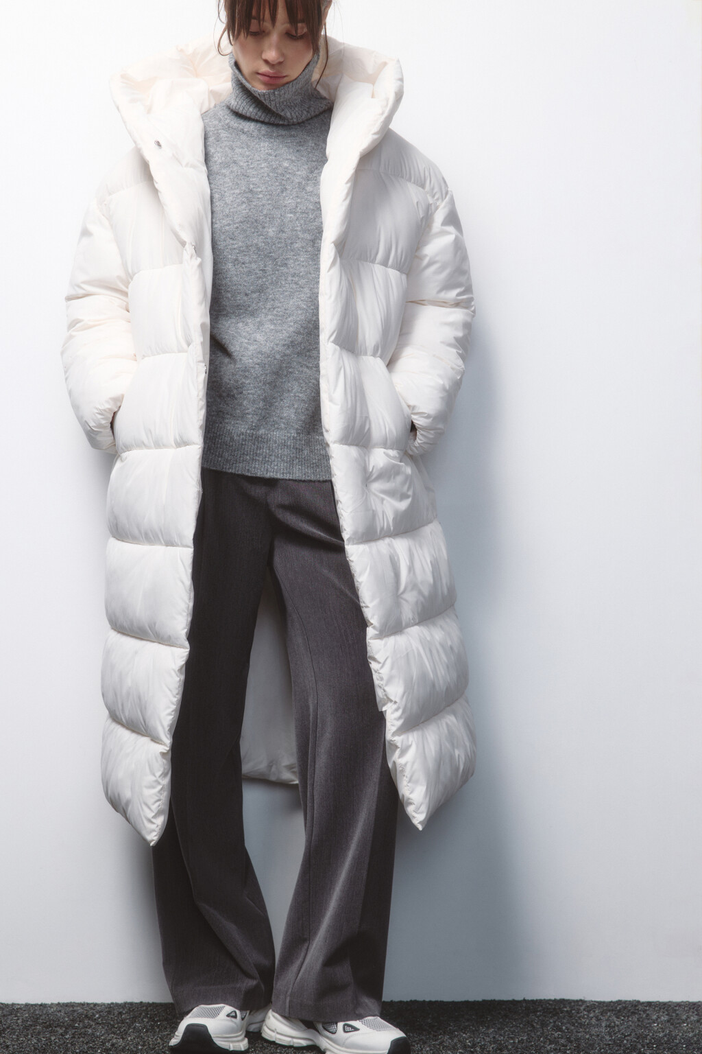 Пальто стеганое утепленное с капюшоном - цвет молочный - 1