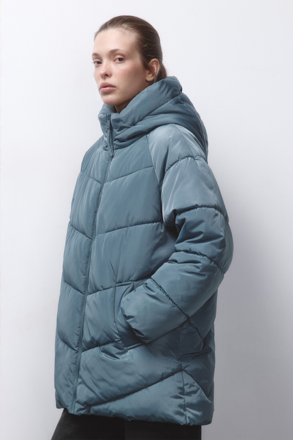 Куртка стеганая с широким воротником и капюшоном - цвет зеленый - 3