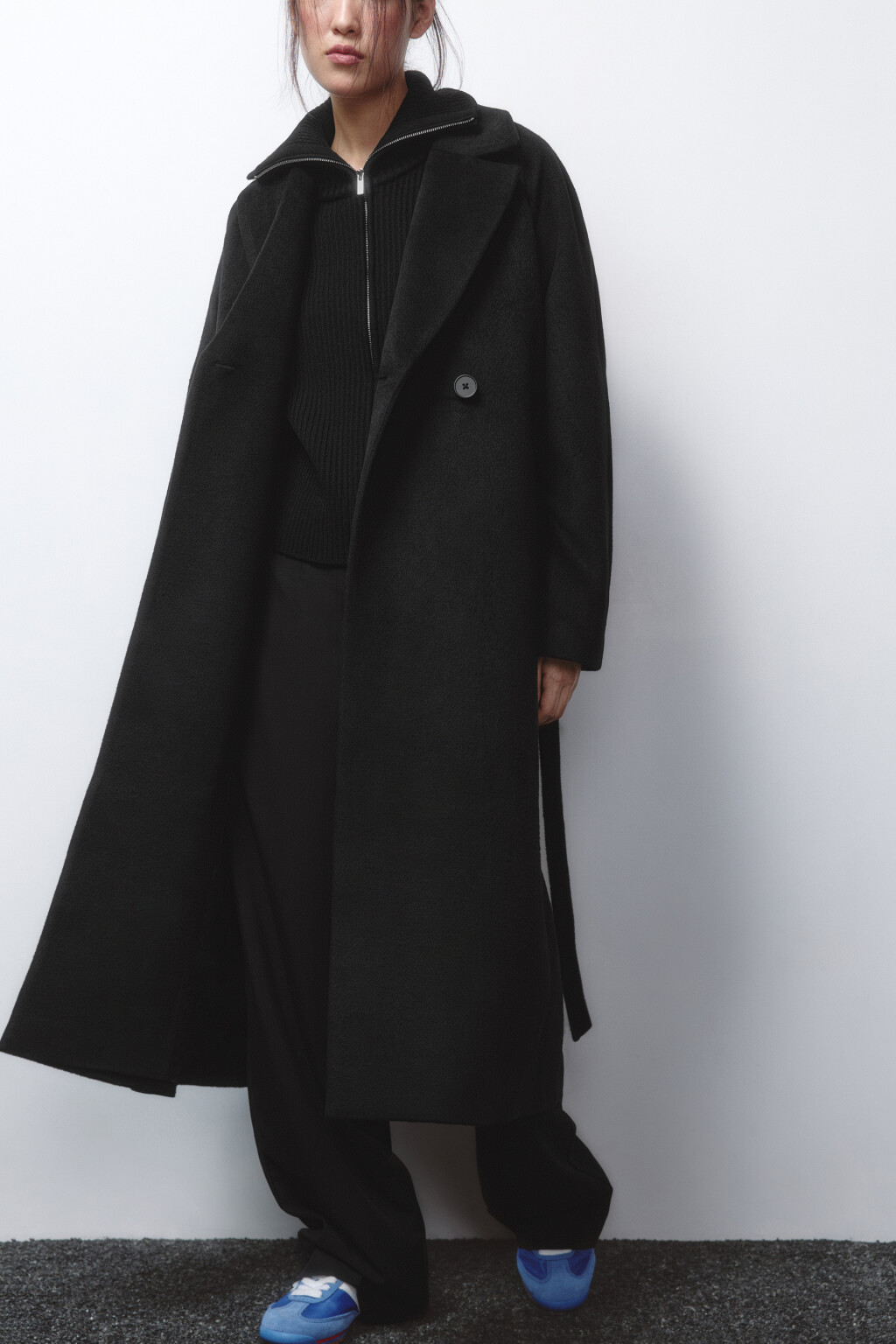 Пальто драповое длинное с поясом - цвет черный - 1