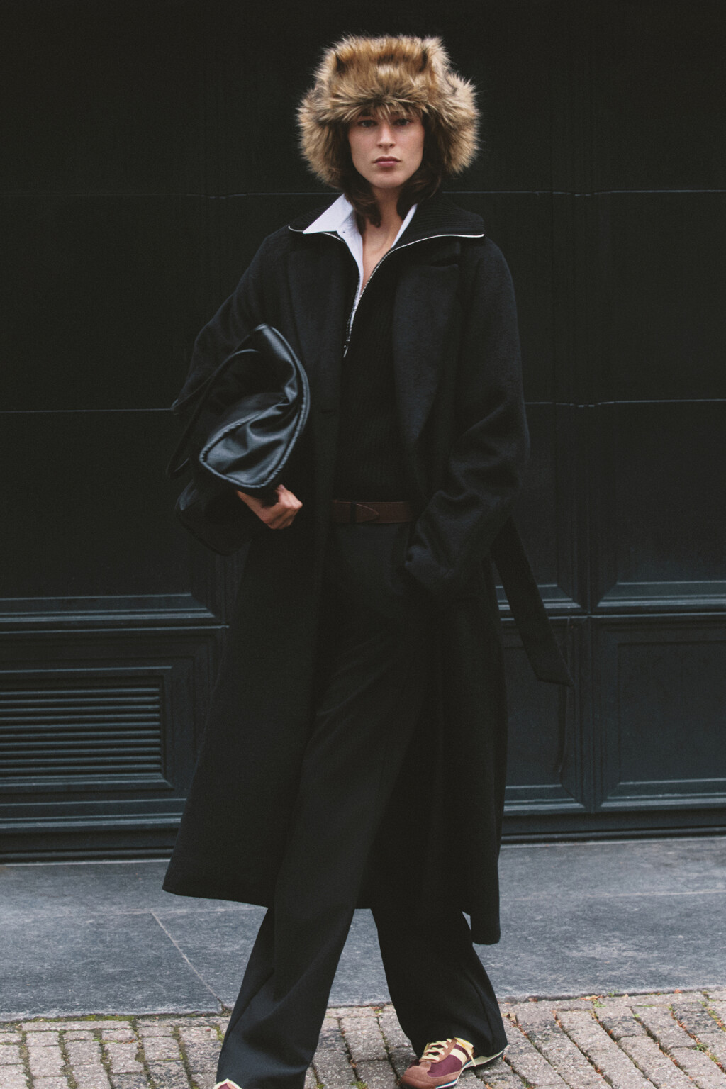 Пальто драповое длинное с поясом - цвет черный - 10