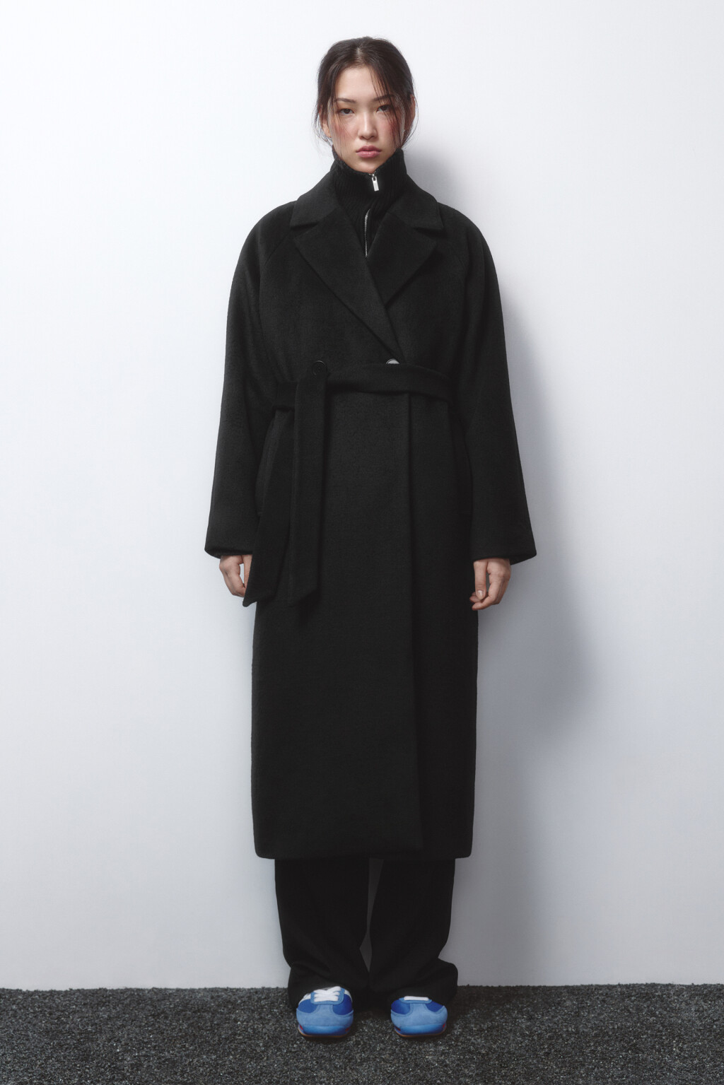 Пальто драповое длинное с поясом - цвет черный - 3