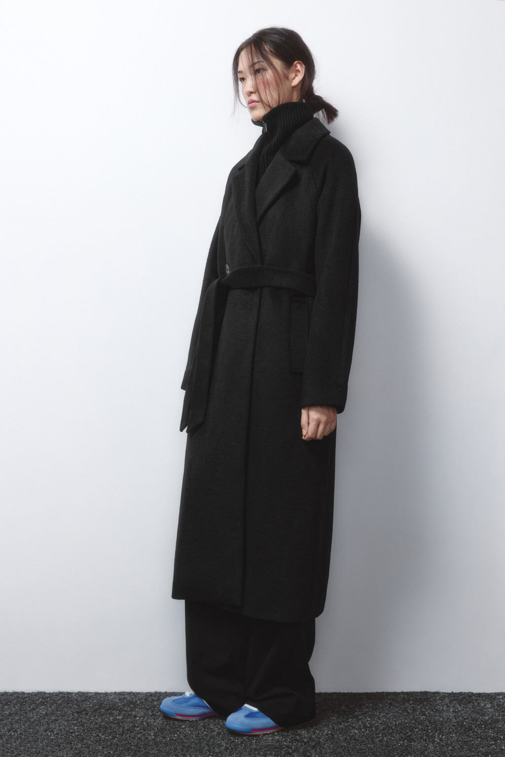 Пальто драповое длинное с поясом - цвет черный - 4